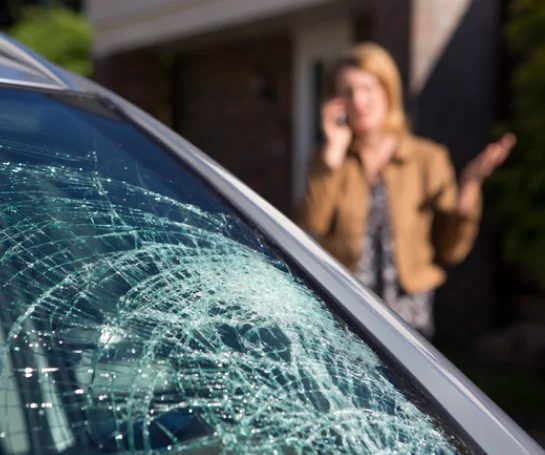 Close up of a shattered front windshield with a woman on her cell phone in the background, calling for repair help.