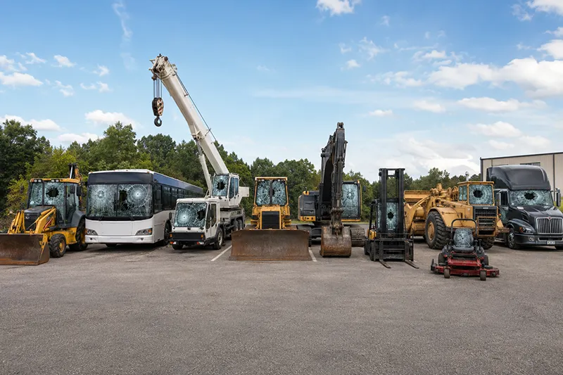 Parking lot full of heavy equipment with broken windows.
